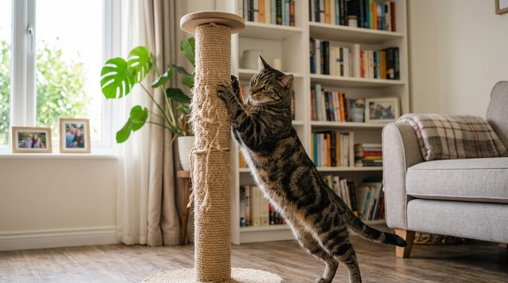 Gato arranhando um arranhador de sisal