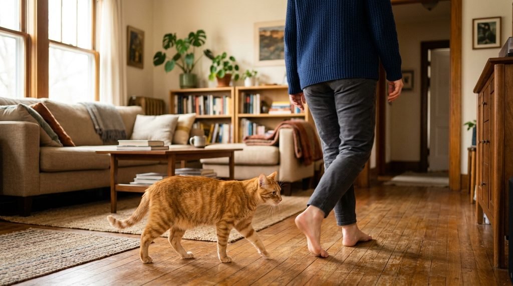 Gato seguindo o tutor pela casa