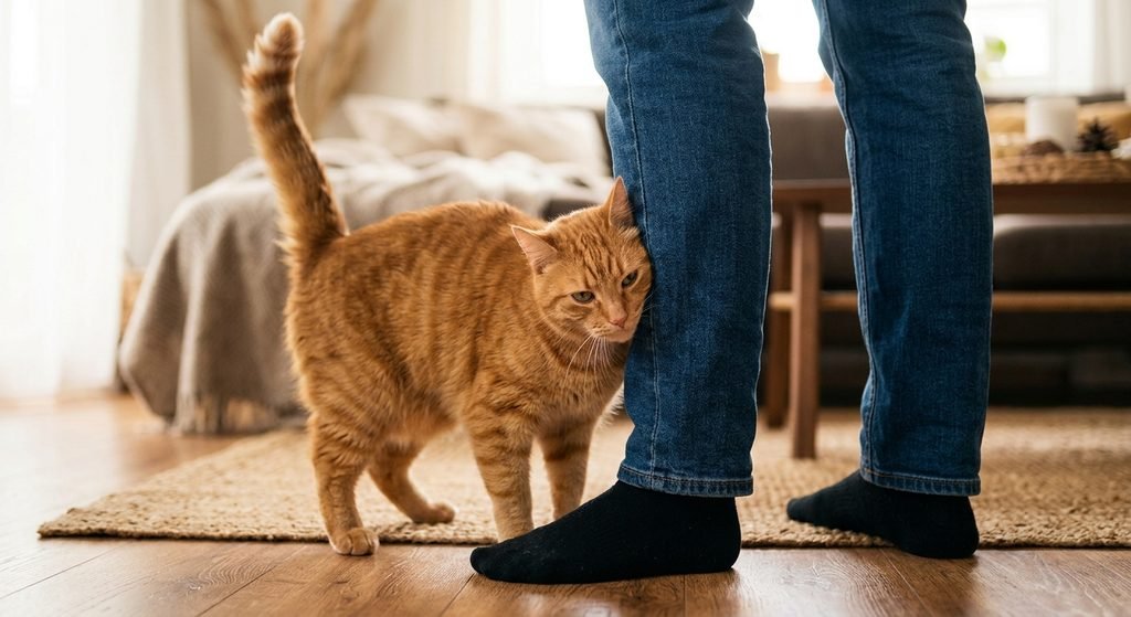 Gato com o rabo erguido se esfregando nas pernas do tutor