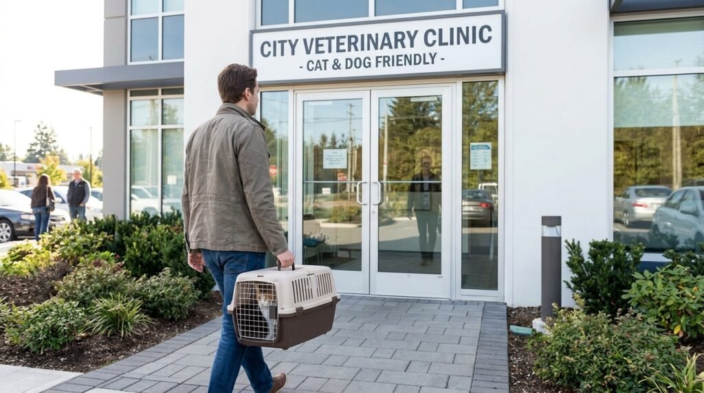 Gato em caixa de transporte a caminho do veterinário