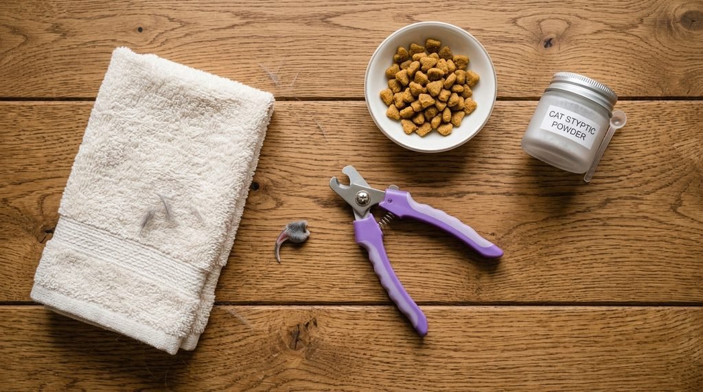 Materiais para cortar unhas de gato: cortador, petiscos, toalha e pó hemostático