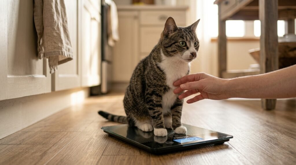 Gato sendo pesado em uma balança digital