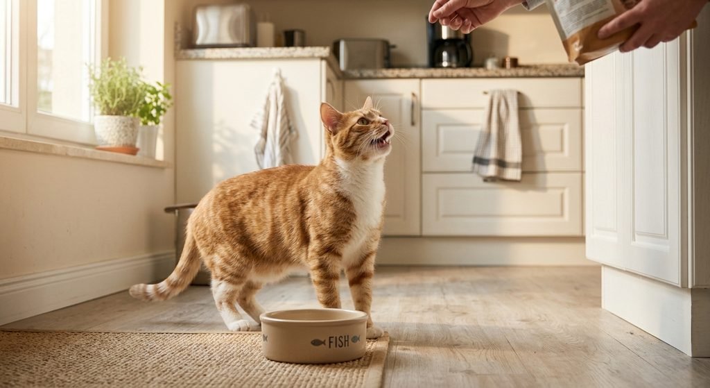 Gato pedindo comida na cozinha