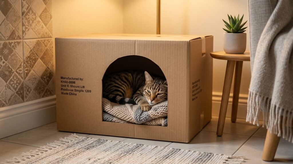 Gato descansando em uma caixa de papelão como esconderijo seguro