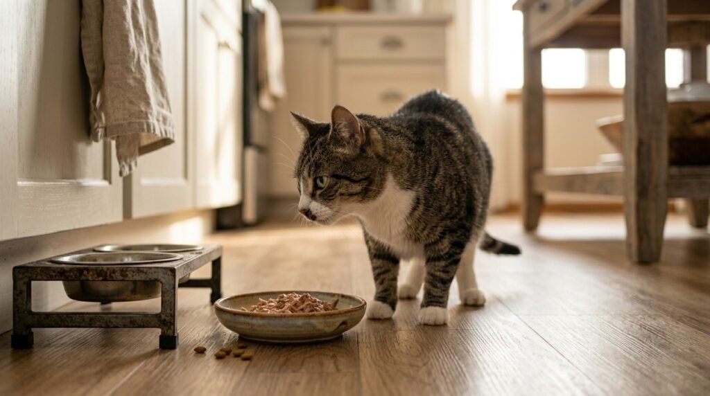 Gato recusando a comida na tigela
