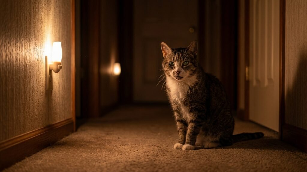 Gato idoso em corredor com luz noturna fraca