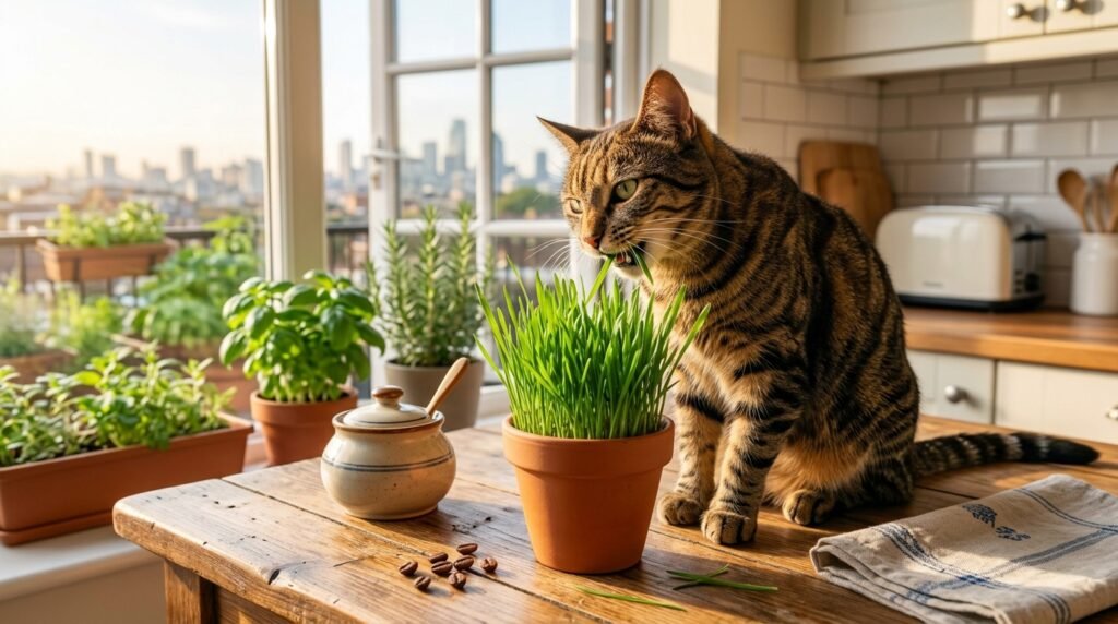 Gato mordiscando capim para gatos em um vaso”