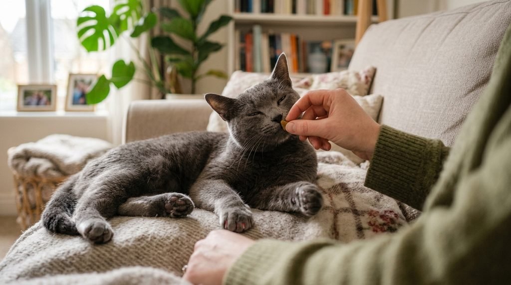 Gata relaxada recebendo um petisco após o corte das unhas