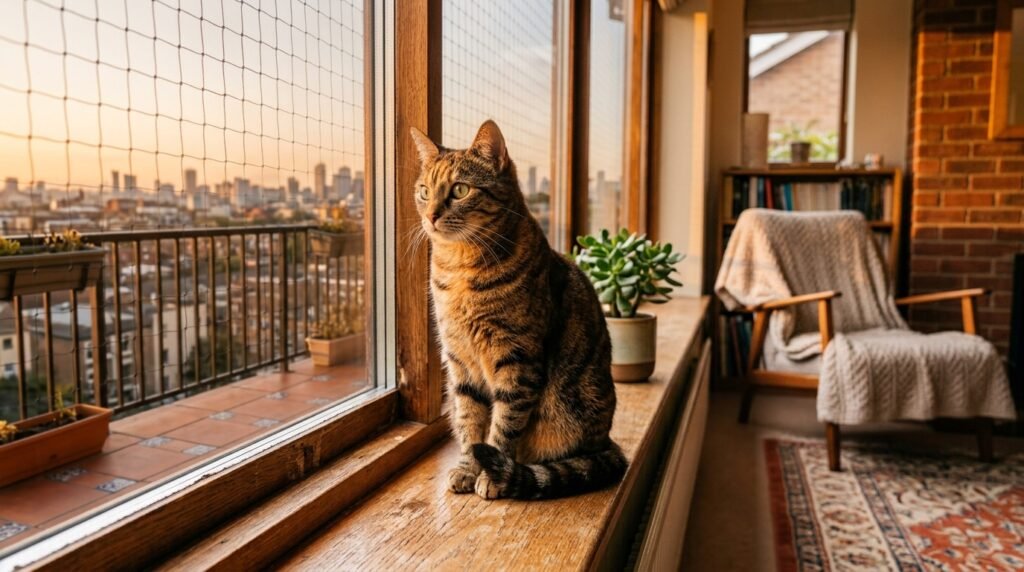 Gato observando a rua por uma janela com tela de proteção”
