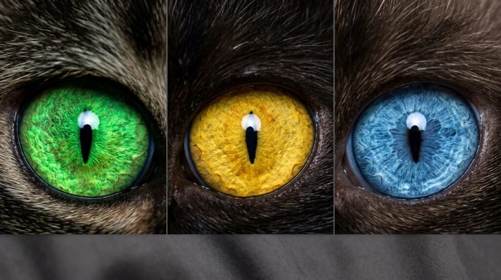 Olhos de gatos verdes, amarelos e azuis em close