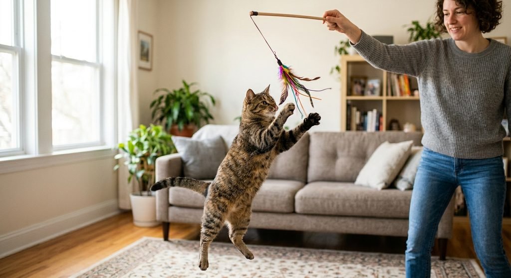 Tutor brincando com o gato usando uma varinha