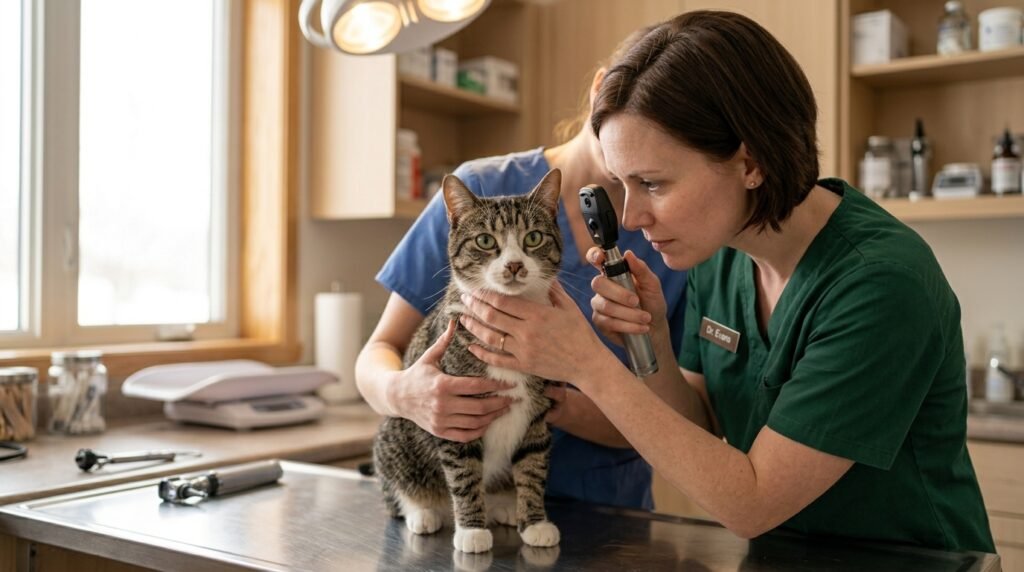 eterinário examinando os olhos de um gato